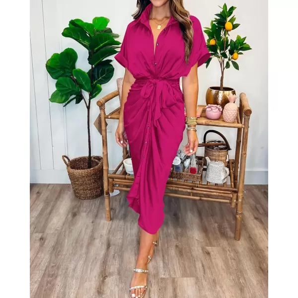 BTFBM 2024 Women Button Down Ruched Shirt Dresses Short Sleeve Lapel V Neck Elegant Party Spring Summer Maxi Satin DressShort Sleeve Rose Red