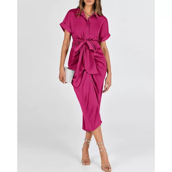 BTFBM 2024 Women Button Down Ruched Shirt Dresses Short Sleeve Lapel V Neck Elegant Party Spring Summer Maxi Satin DressShort Sleeve Rose Red