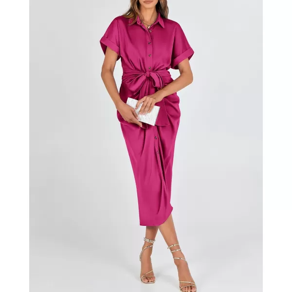 BTFBM 2024 Women Button Down Ruched Shirt Dresses Short Sleeve Lapel V Neck Elegant Party Spring Summer Maxi Satin DressShort Sleeve Rose Red