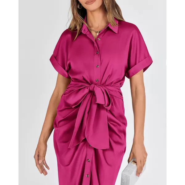 BTFBM 2024 Women Button Down Ruched Shirt Dresses Short Sleeve Lapel V Neck Elegant Party Spring Summer Maxi Satin DressShort Sleeve Rose Red