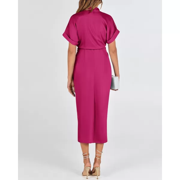 BTFBM 2024 Women Button Down Ruched Shirt Dresses Short Sleeve Lapel V Neck Elegant Party Spring Summer Maxi Satin DressShort Sleeve Rose Red