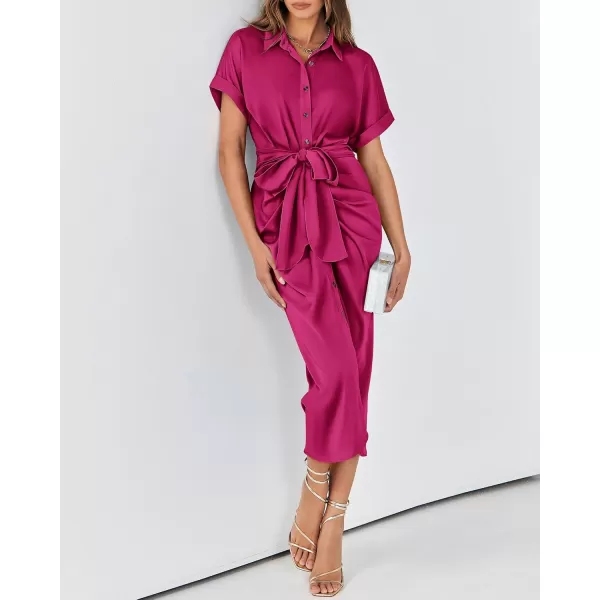 BTFBM 2024 Women Button Down Ruched Shirt Dresses Short Sleeve Lapel V Neck Elegant Party Spring Summer Maxi Satin DressShort Sleeve Rose Red
