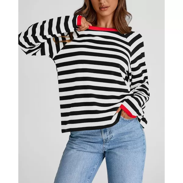 BTFBM Long Sleeve Shirts for Women Casual Tops Crew Neck Loose Color Block Striped Shirt Top Pullover 2024 Fall ClothesBlack White