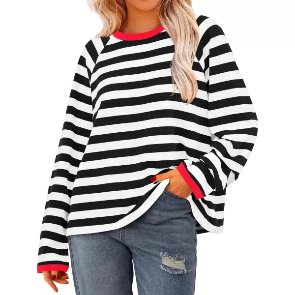 BTFBM Long Sleeve Shirts for Women Casual Tops Crew Neck Loose Color Block Striped Shirt Top Pullover 2024 Fall ClothesBlack White