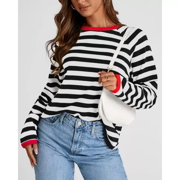 BTFBM Long Sleeve Shirts for Women Casual Tops Crew Neck Loose Color Block Striped Shirt Top Pullover 2024 Fall ClothesBlack White