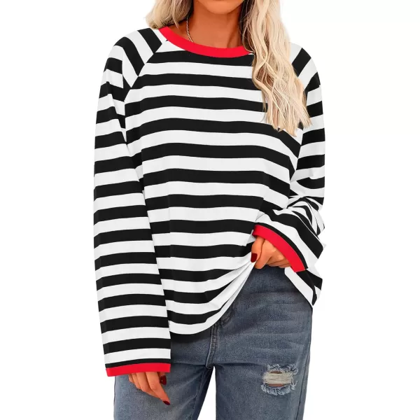 BTFBM Long Sleeve Shirts for Women Casual Tops Crew Neck Loose Color Block Striped Shirt Top Pullover 2024 Fall ClothesBlack White