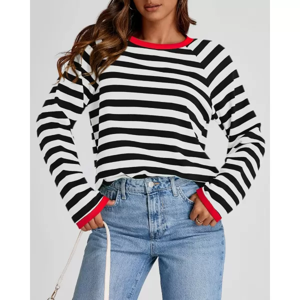 BTFBM Long Sleeve Shirts for Women Casual Tops Crew Neck Loose Color Block Striped Shirt Top Pullover 2024 Fall ClothesBlack White