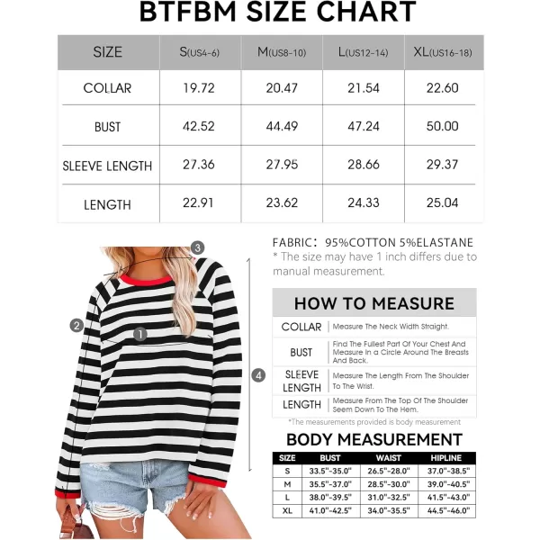 BTFBM Long Sleeve Shirts for Women Casual Tops Crew Neck Loose Color Block Striped Shirt Top Pullover 2024 Fall ClothesBlack White