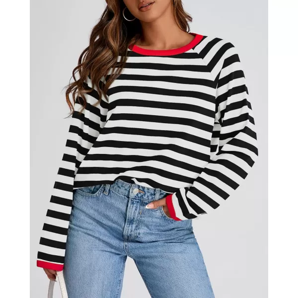 BTFBM Long Sleeve Shirts for Women Casual Tops Crew Neck Loose Color Block Striped Shirt Top Pullover 2024 Fall ClothesBlack White