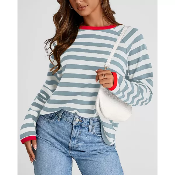 BTFBM Long Sleeve Shirts for Women Casual Tops Crew Neck Loose Color Block Striped Shirt Top Pullover 2024 Fall ClothesBlue Grey White