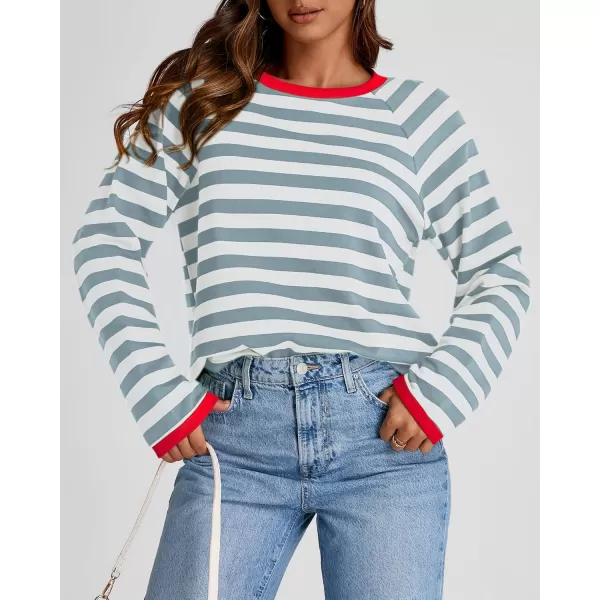 BTFBM Long Sleeve Shirts for Women Casual Tops Crew Neck Loose Color Block Striped Shirt Top Pullover 2024 Fall ClothesBlue Grey White