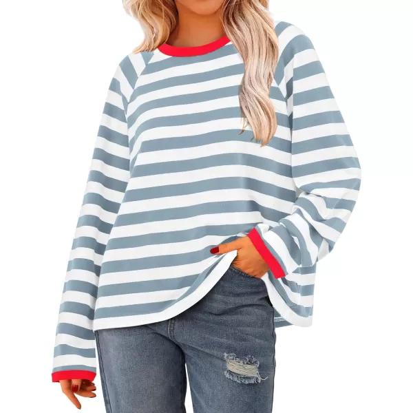 BTFBM Long Sleeve Shirts for Women Casual Tops Crew Neck Loose Color Block Striped Shirt Top Pullover 2024 Fall ClothesBlue Grey White
