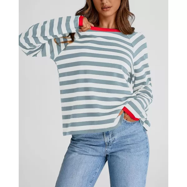 BTFBM Long Sleeve Shirts for Women Casual Tops Crew Neck Loose Color Block Striped Shirt Top Pullover 2024 Fall ClothesBlue Grey White