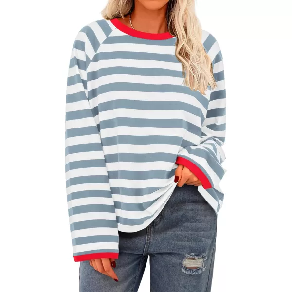 BTFBM Long Sleeve Shirts for Women Casual Tops Crew Neck Loose Color Block Striped Shirt Top Pullover 2024 Fall ClothesBlue Grey White