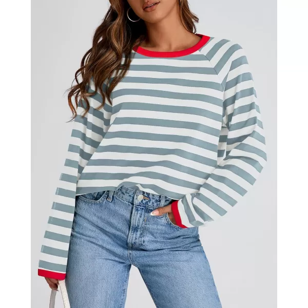 BTFBM Long Sleeve Shirts for Women Casual Tops Crew Neck Loose Color Block Striped Shirt Top Pullover 2024 Fall ClothesBlue Grey White