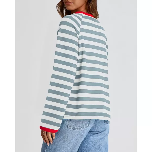 BTFBM Long Sleeve Shirts for Women Casual Tops Crew Neck Loose Color Block Striped Shirt Top Pullover 2024 Fall ClothesBlue Grey White