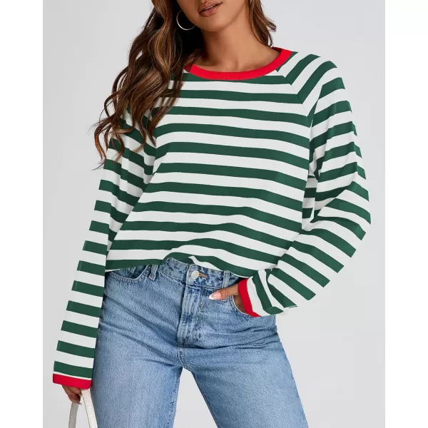 BTFBM Long Sleeve Shirts for Women Casual Tops Crew Neck Loose Color Block Striped Shirt Top Pullover 2024 Fall ClothesGreen White