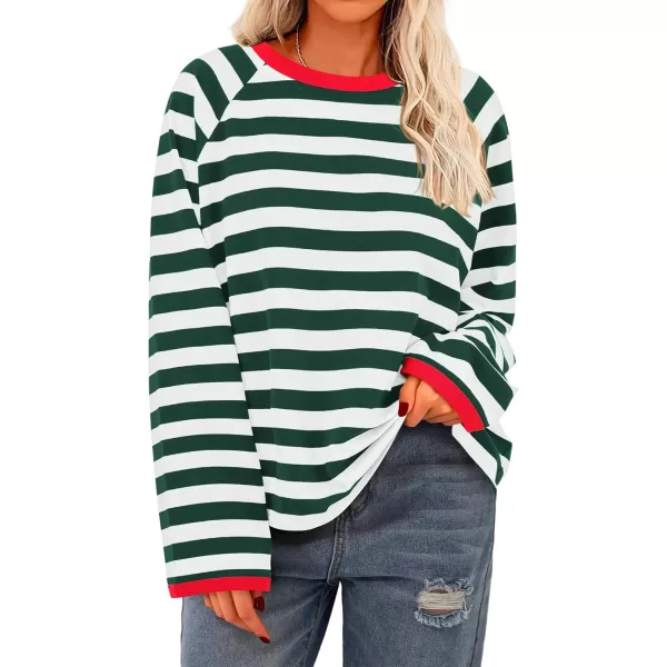 BTFBM Long Sleeve Shirts for Women Casual Tops Crew Neck Loose Color Block Striped Shirt Top Pullover 2024 Fall ClothesGreen White