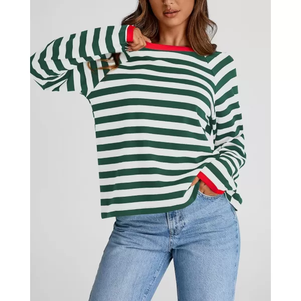 BTFBM Long Sleeve Shirts for Women Casual Tops Crew Neck Loose Color Block Striped Shirt Top Pullover 2024 Fall ClothesGreen White