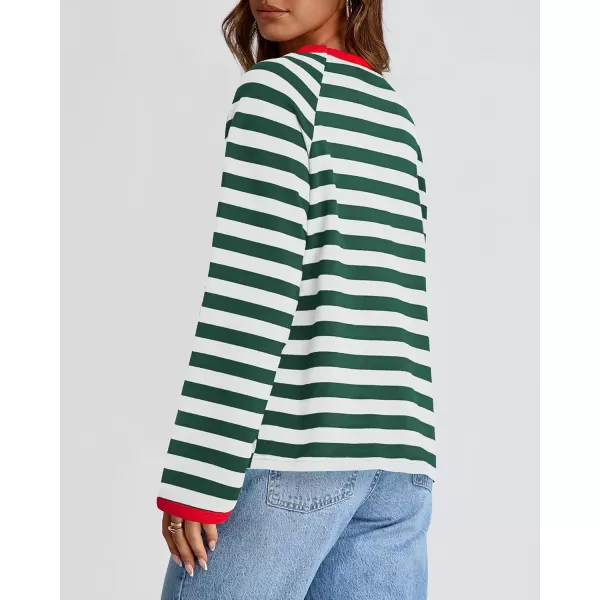 BTFBM Long Sleeve Shirts for Women Casual Tops Crew Neck Loose Color Block Striped Shirt Top Pullover 2024 Fall ClothesGreen White