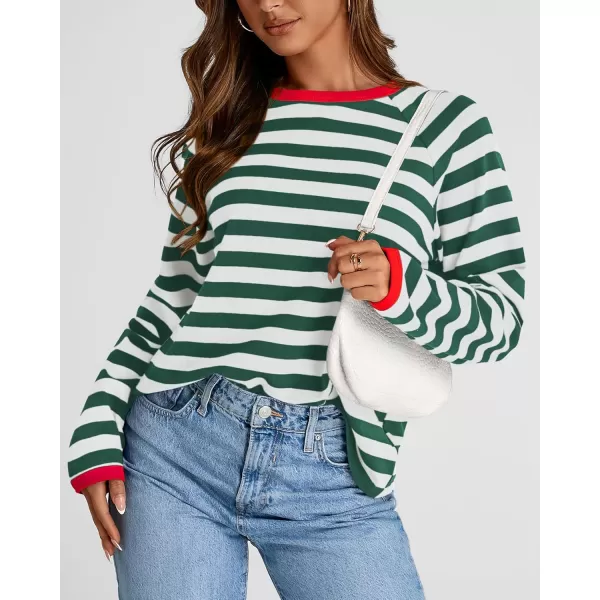 BTFBM Long Sleeve Shirts for Women Casual Tops Crew Neck Loose Color Block Striped Shirt Top Pullover 2024 Fall ClothesGreen White