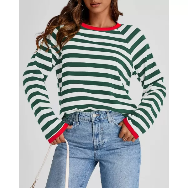 BTFBM Long Sleeve Shirts for Women Casual Tops Crew Neck Loose Color Block Striped Shirt Top Pullover 2024 Fall ClothesGreen White