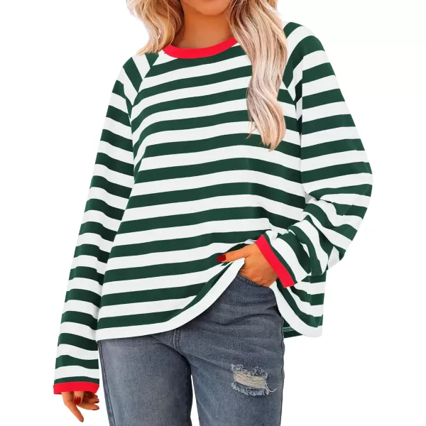 BTFBM Long Sleeve Shirts for Women Casual Tops Crew Neck Loose Color Block Striped Shirt Top Pullover 2024 Fall ClothesGreen White