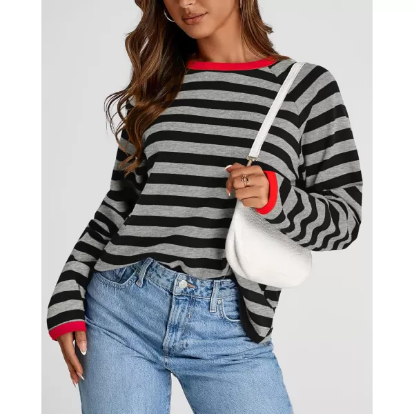 BTFBM Long Sleeve Shirts for Women Casual Tops Crew Neck Loose Color Block Striped Shirt Top Pullover 2024 Fall ClothesGrey Black