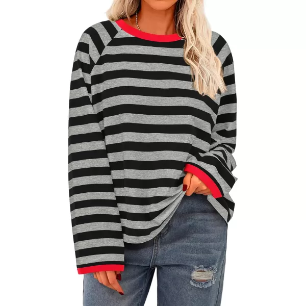 BTFBM Long Sleeve Shirts for Women Casual Tops Crew Neck Loose Color Block Striped Shirt Top Pullover 2024 Fall ClothesGrey Black
