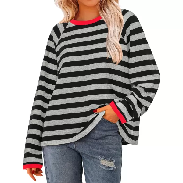 BTFBM Long Sleeve Shirts for Women Casual Tops Crew Neck Loose Color Block Striped Shirt Top Pullover 2024 Fall ClothesGrey Black