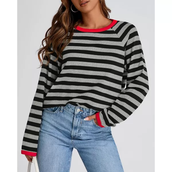 BTFBM Long Sleeve Shirts for Women Casual Tops Crew Neck Loose Color Block Striped Shirt Top Pullover 2024 Fall ClothesGrey Black
