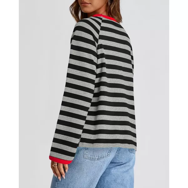 BTFBM Long Sleeve Shirts for Women Casual Tops Crew Neck Loose Color Block Striped Shirt Top Pullover 2024 Fall ClothesGrey Black