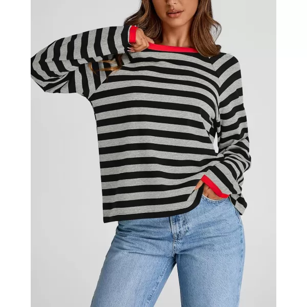 BTFBM Long Sleeve Shirts for Women Casual Tops Crew Neck Loose Color Block Striped Shirt Top Pullover 2024 Fall ClothesGrey Black