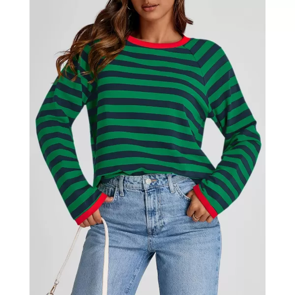 BTFBM Long Sleeve Shirts for Women Casual Tops Crew Neck Loose Color Block Striped Shirt Top Pullover 2024 Fall ClothesNavy Green