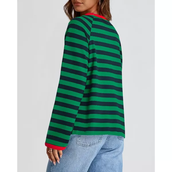 BTFBM Long Sleeve Shirts for Women Casual Tops Crew Neck Loose Color Block Striped Shirt Top Pullover 2024 Fall ClothesNavy Green