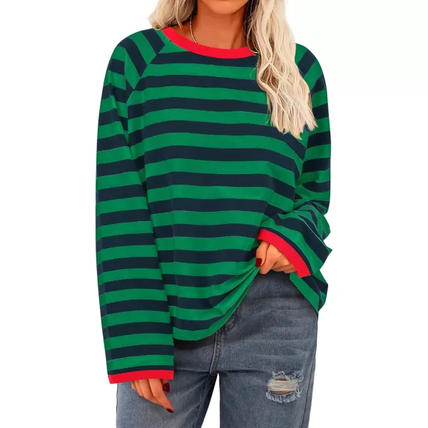 BTFBM Long Sleeve Shirts for Women Casual Tops Crew Neck Loose Color Block Striped Shirt Top Pullover 2024 Fall ClothesNavy Green