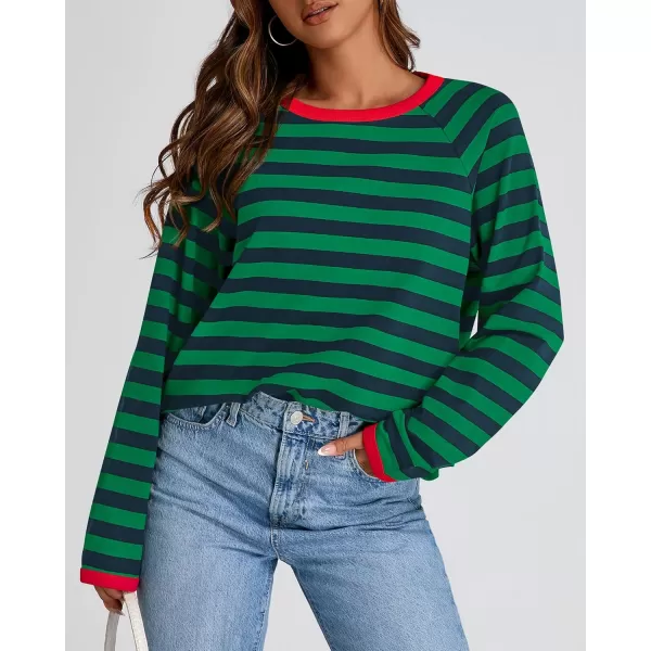 BTFBM Long Sleeve Shirts for Women Casual Tops Crew Neck Loose Color Block Striped Shirt Top Pullover 2024 Fall ClothesNavy Green