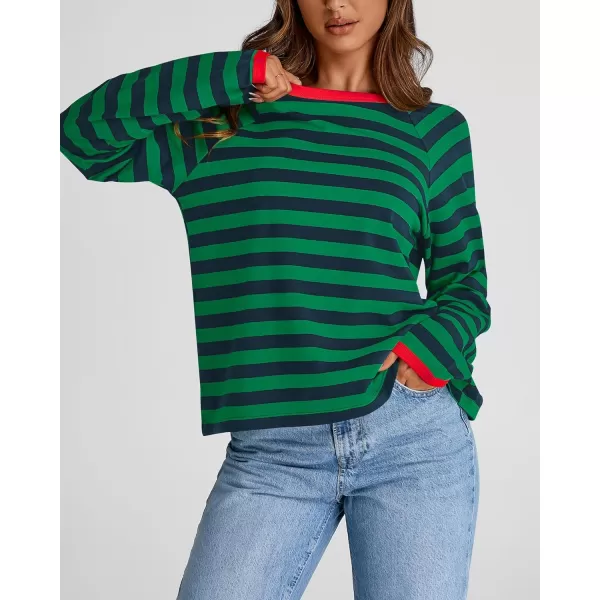 BTFBM Long Sleeve Shirts for Women Casual Tops Crew Neck Loose Color Block Striped Shirt Top Pullover 2024 Fall ClothesNavy Green