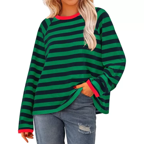 BTFBM Long Sleeve Shirts for Women Casual Tops Crew Neck Loose Color Block Striped Shirt Top Pullover 2024 Fall ClothesNavy Green