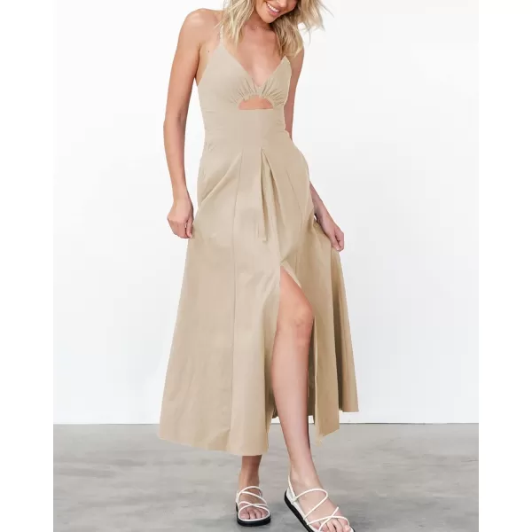 BTFBM Women 2024 Summer Spaghetti Strap Dress Sleeveless V Neck Cutout Slit Casual Beach Party Maxi Dresses with PocketsSolid Apricot