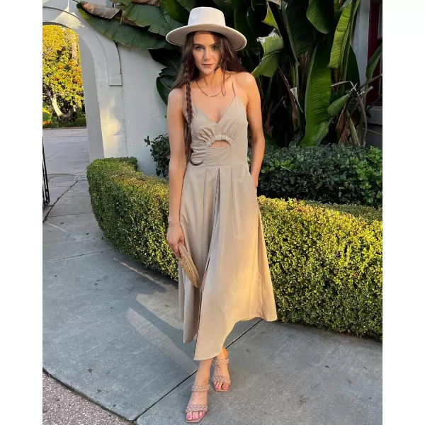 BTFBM Women 2024 Summer Spaghetti Strap Dress Sleeveless V Neck Cutout Slit Casual Beach Party Maxi Dresses with PocketsSolid Apricot