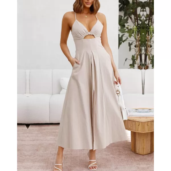 BTFBM Women 2024 Summer Spaghetti Strap Dress Sleeveless V Neck Cutout Slit Casual Beach Party Maxi Dresses with PocketsSolid Apricot