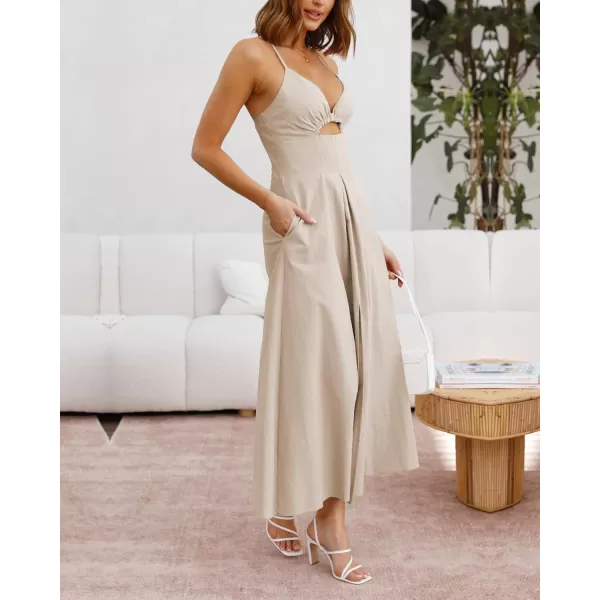 BTFBM Women 2024 Summer Spaghetti Strap Dress Sleeveless V Neck Cutout Slit Casual Beach Party Maxi Dresses with PocketsSolid Apricot