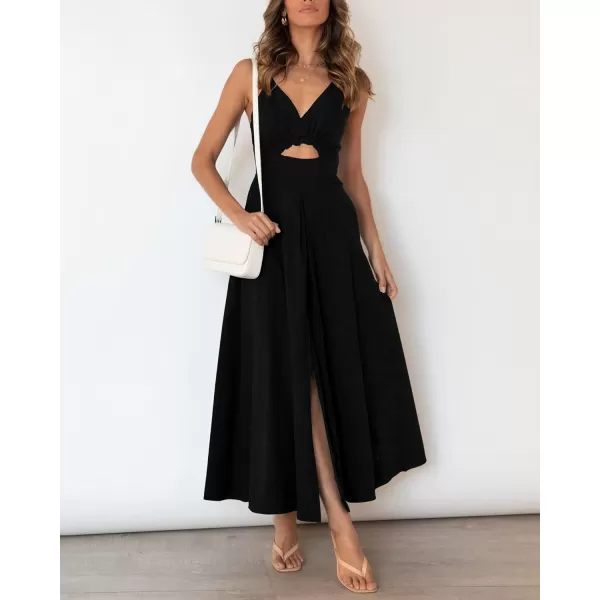 BTFBM Women 2024 Summer Spaghetti Strap Dress Sleeveless V Neck Cutout Slit Casual Beach Party Maxi Dresses with PocketsSolid Black