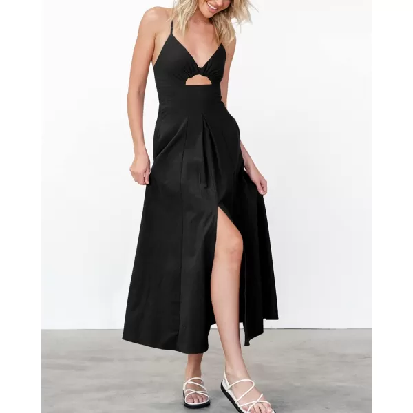 BTFBM Women 2024 Summer Spaghetti Strap Dress Sleeveless V Neck Cutout Slit Casual Beach Party Maxi Dresses with PocketsSolid Black