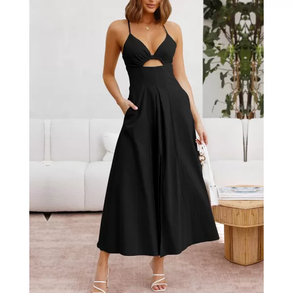 BTFBM Women 2024 Summer Spaghetti Strap Dress Sleeveless V Neck Cutout Slit Casual Beach Party Maxi Dresses with PocketsSolid Black