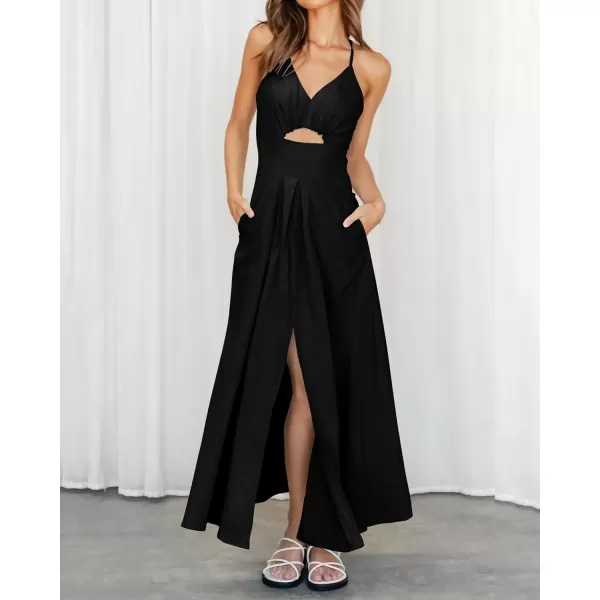 BTFBM Women 2024 Summer Spaghetti Strap Dress Sleeveless V Neck Cutout Slit Casual Beach Party Maxi Dresses with PocketsSolid Black