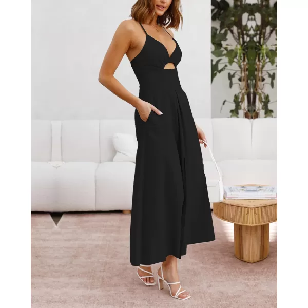 BTFBM Women 2024 Summer Spaghetti Strap Dress Sleeveless V Neck Cutout Slit Casual Beach Party Maxi Dresses with PocketsSolid Black