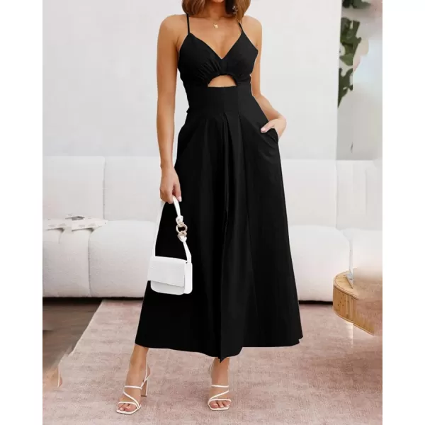 BTFBM Women 2024 Summer Spaghetti Strap Dress Sleeveless V Neck Cutout Slit Casual Beach Party Maxi Dresses with PocketsSolid Black