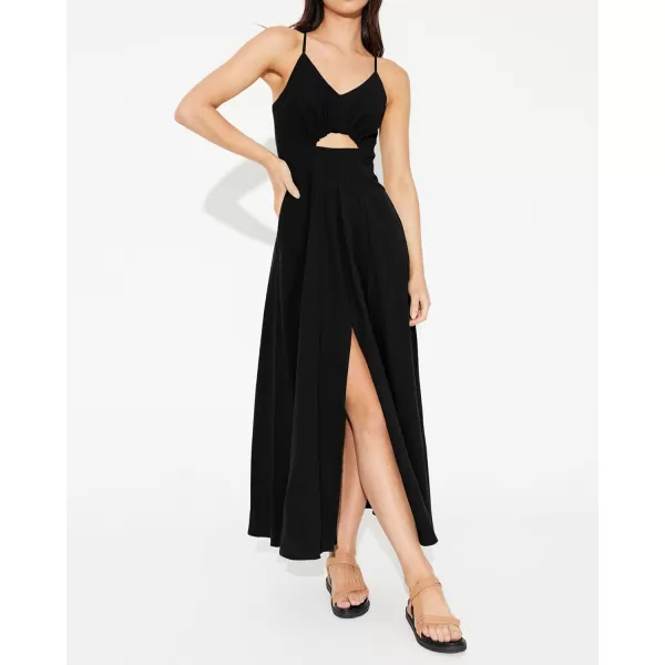 BTFBM Women 2024 Summer Spaghetti Strap Dress Sleeveless V Neck Cutout Slit Casual Beach Party Maxi Dresses with PocketsSolid Black